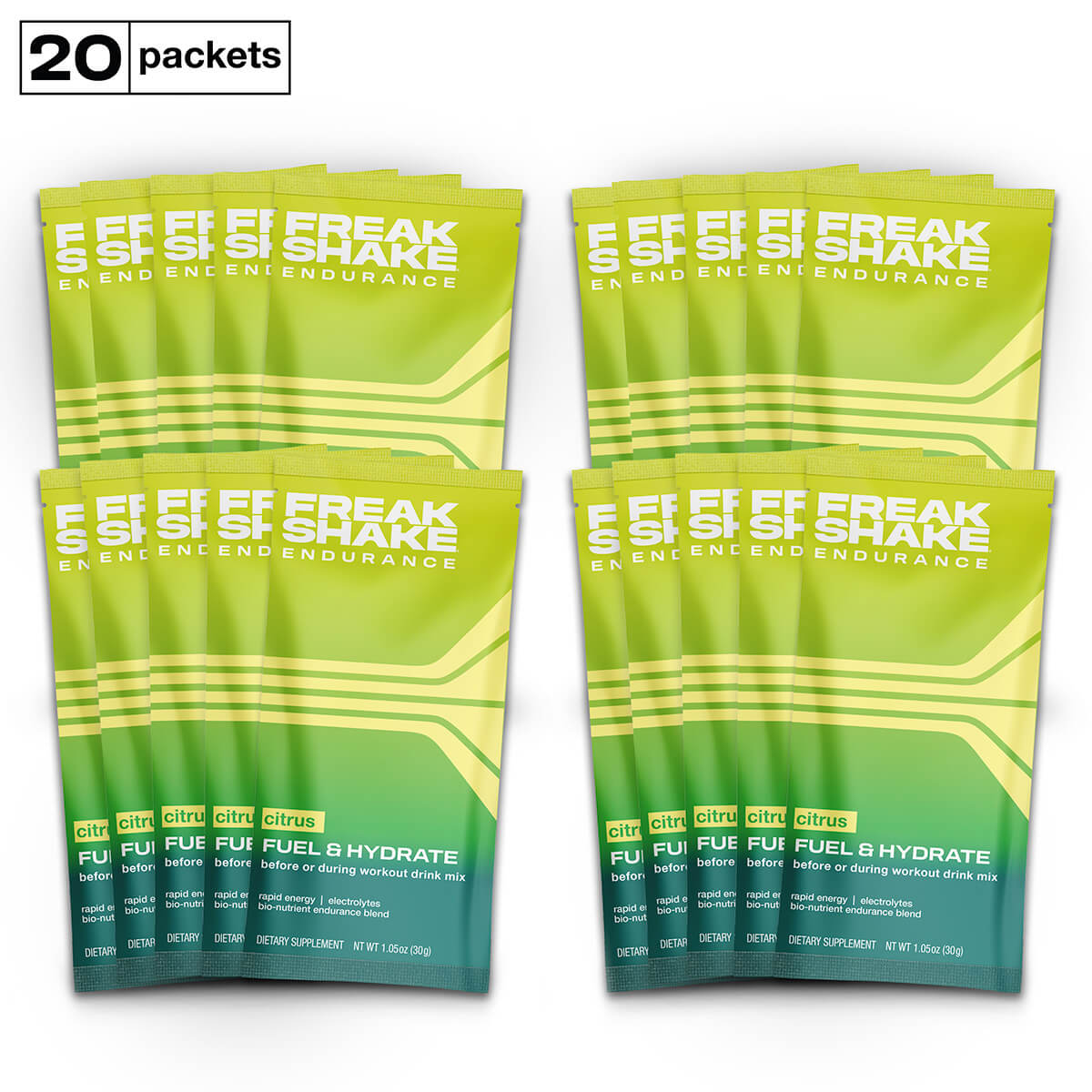 Freak Shake Endurance Fuel Hydrate Rapid Energy Endurance Blend Electrolyte Powder for long distance running and rowing water bottles and hydration packs - 20 single serving pouches