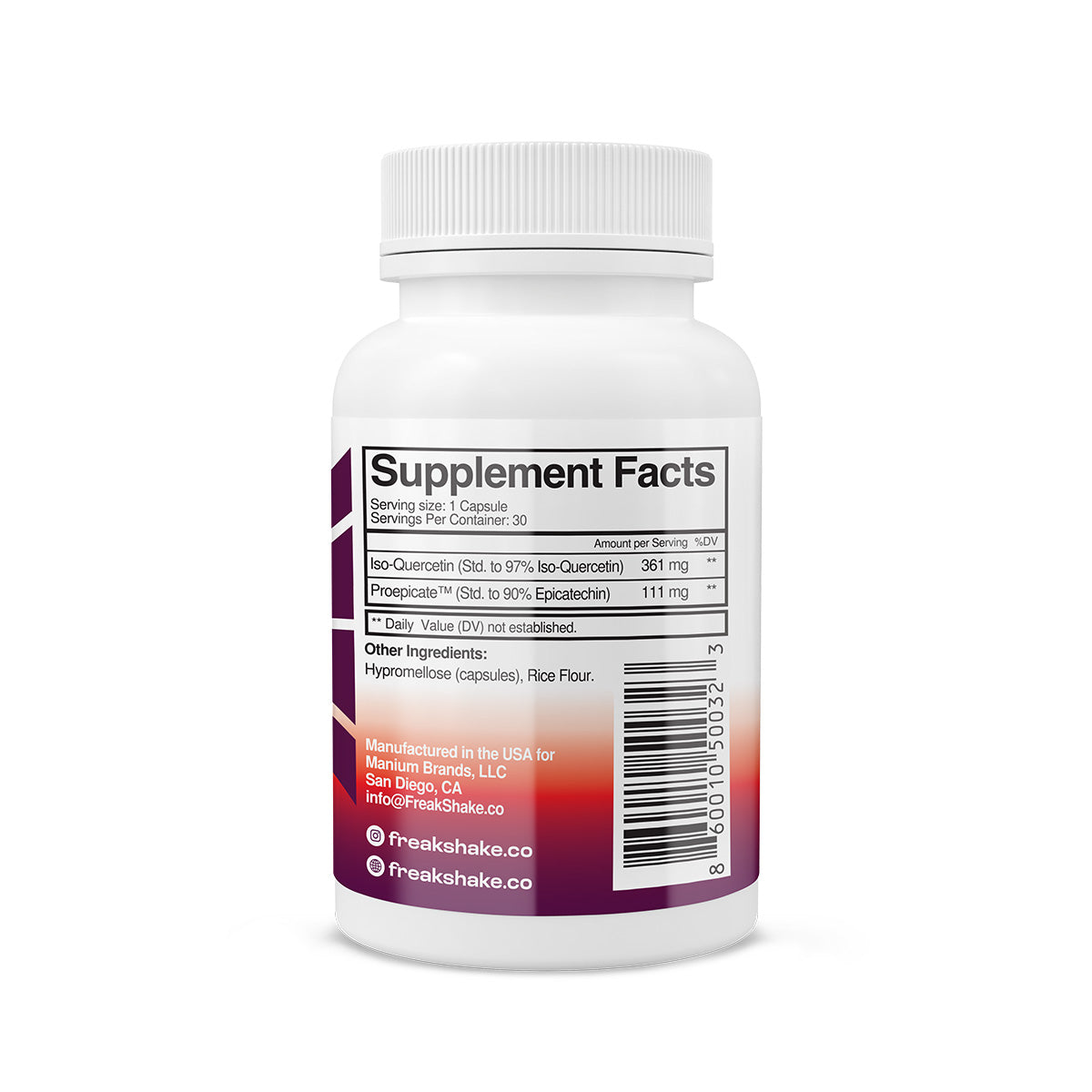 FreakShake Grit Fuel VO2 Max Endurance Capsules with Quercetin and Epicatechin Back of Bottle with Supplement Facts