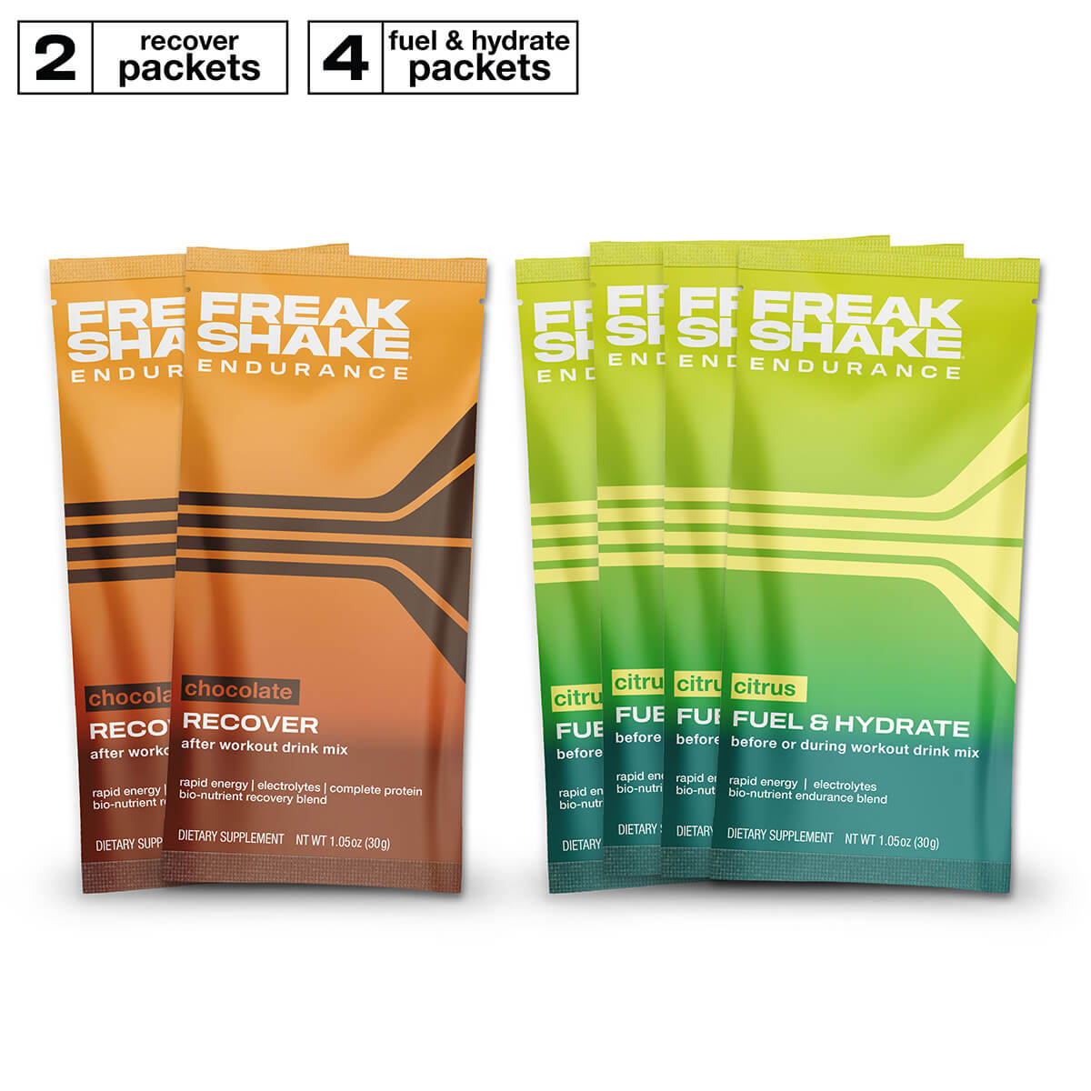 Freak Shake Endurance Variety Pack with pre workout hydration mix and post workout recovery shake